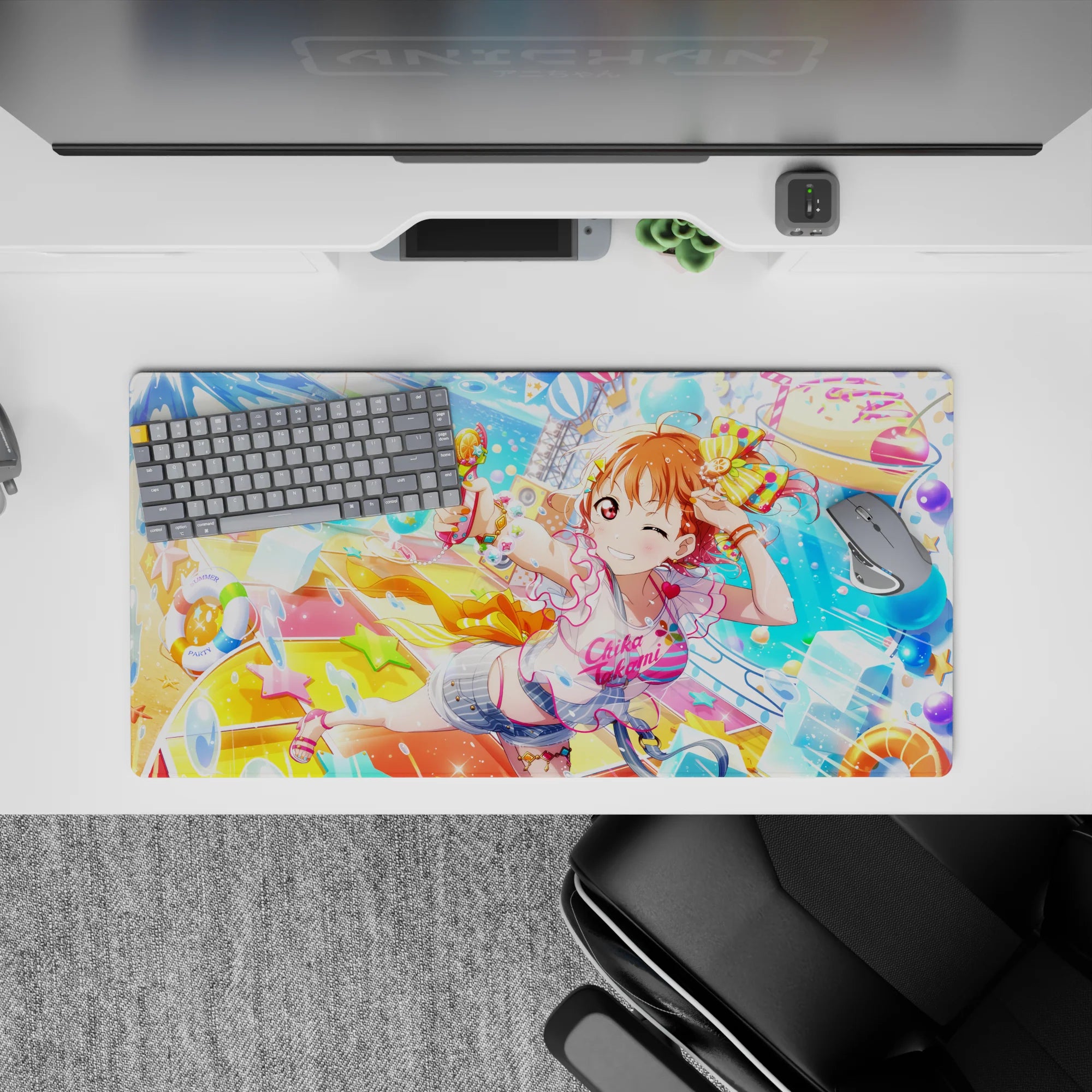 32x16 inches anime desk mat in neon blues and citrus yellows, summer festival pool-party vibe with bright candy pops.