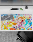 32x16 inches anime desk mat in neon blues and citrus yellows, summer festival pool-party vibe with bright candy pops.