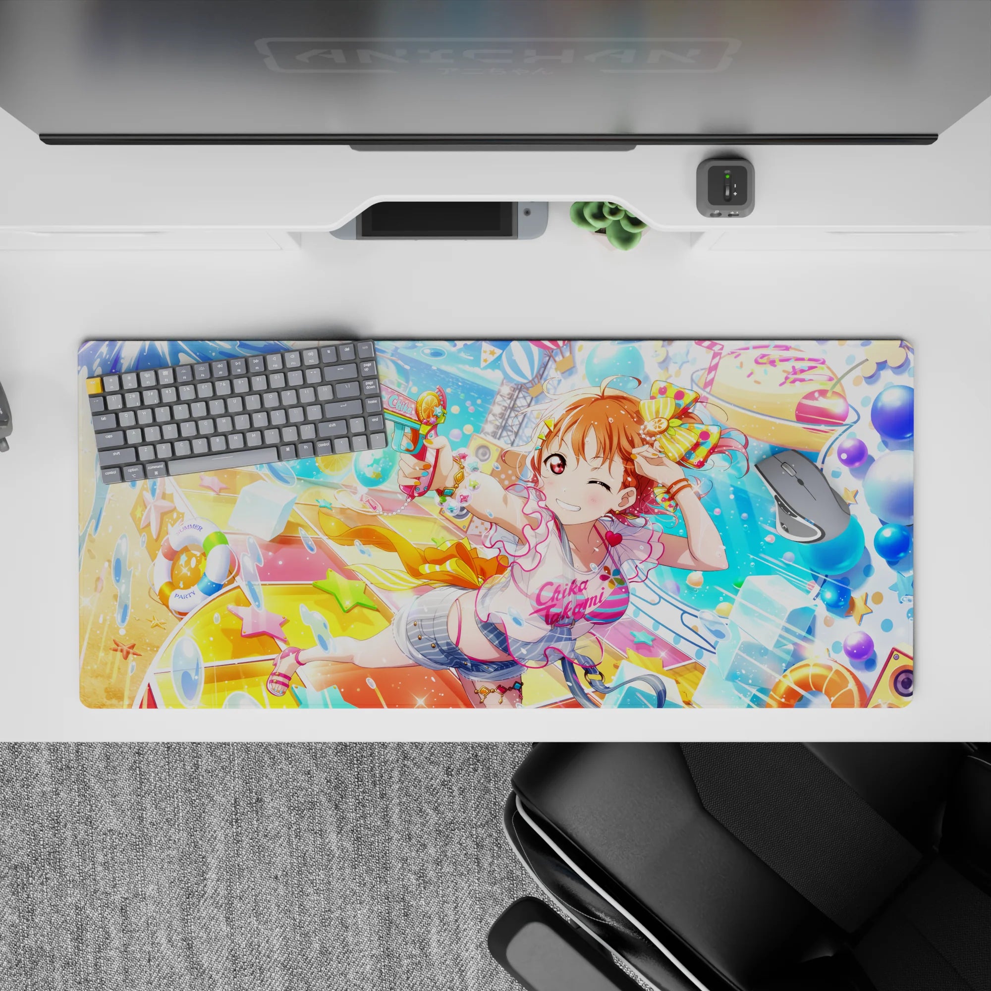 Neon blue and citrus yellow anime desk pad 36x16 inches, summer festival pool-party vibe, candy colors.