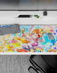 Neon blue and citrus yellow anime desk pad 36x16 inches, summer festival pool-party vibe, candy colors.