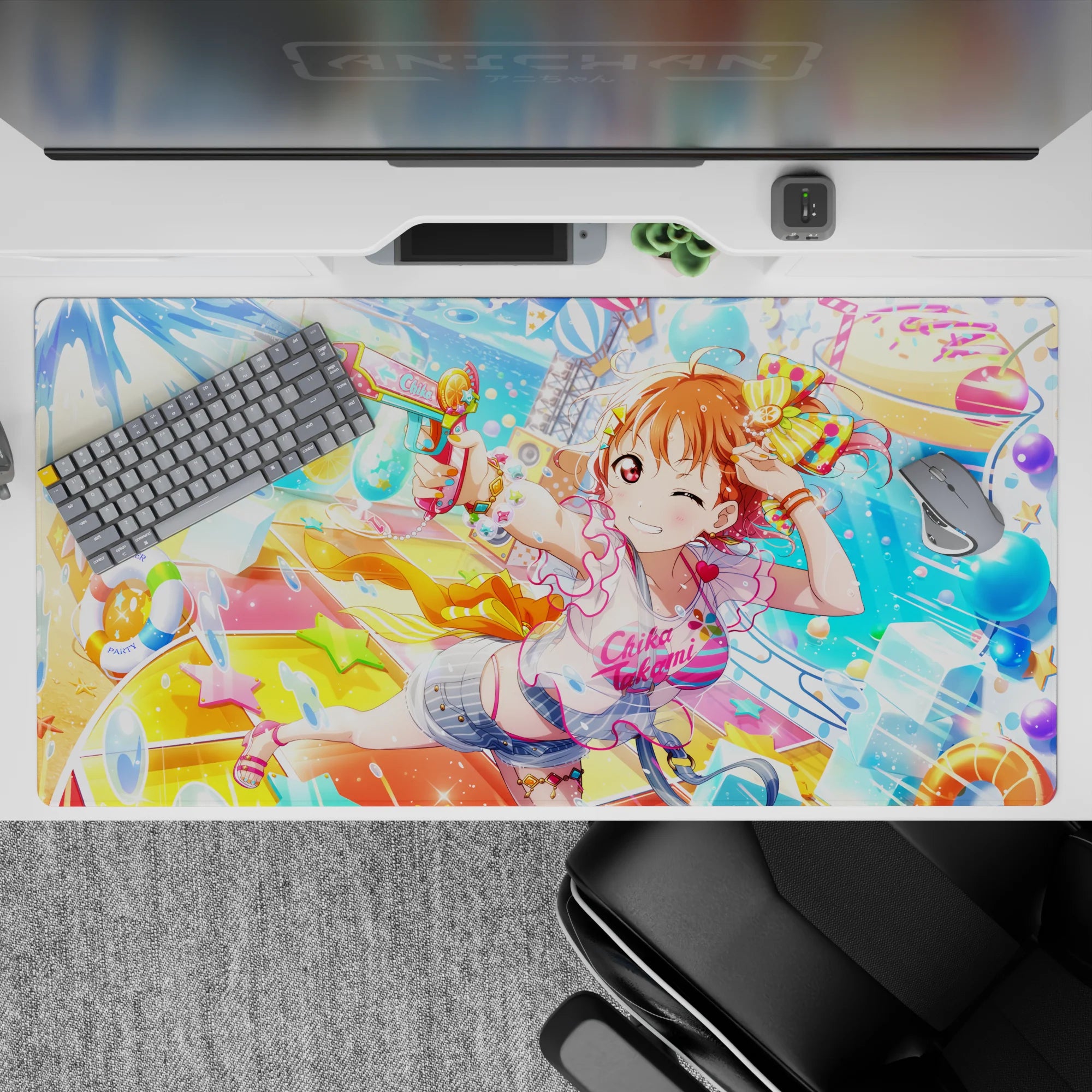 Neon blue and citrus yellow anime desk pad 40x20 inches, pool party vibe with bright star accents.