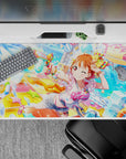 Neon blue and citrus yellow anime desk pad 40x20 inches, pool party vibe with bright star accents.