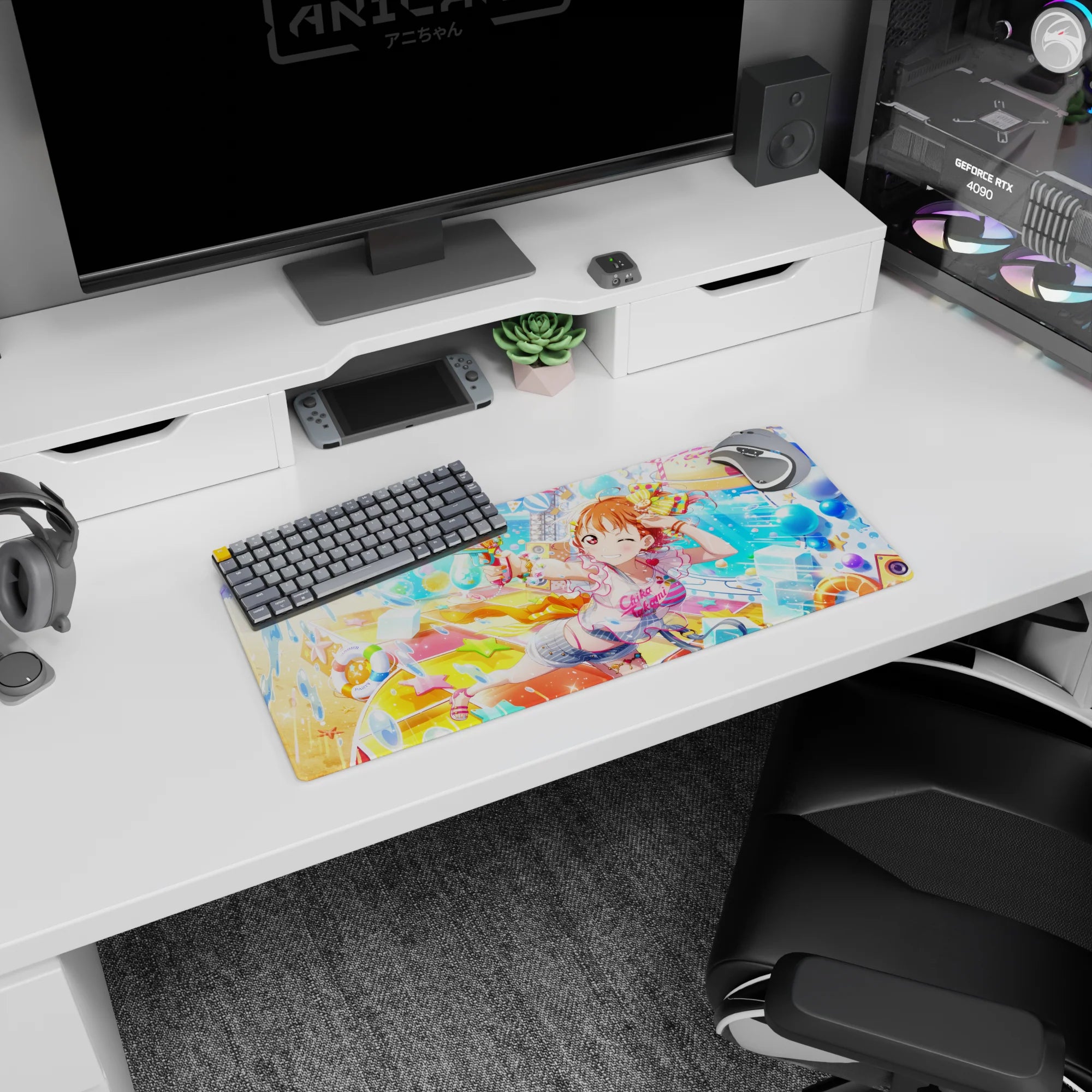28x12 inches anime desk mat showing a winking orange-haired girl firing a cute water gun amid candy splashes.