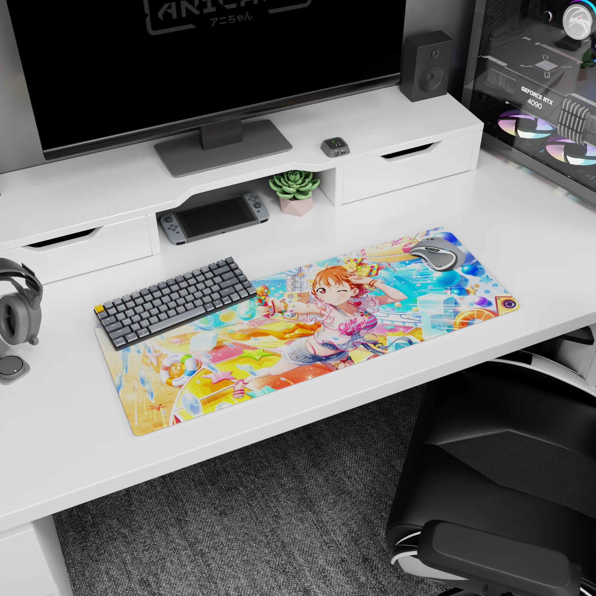32x12 inches mouse pad showing a winking orange-haired anime girl blasting water with playful pin-up energy.