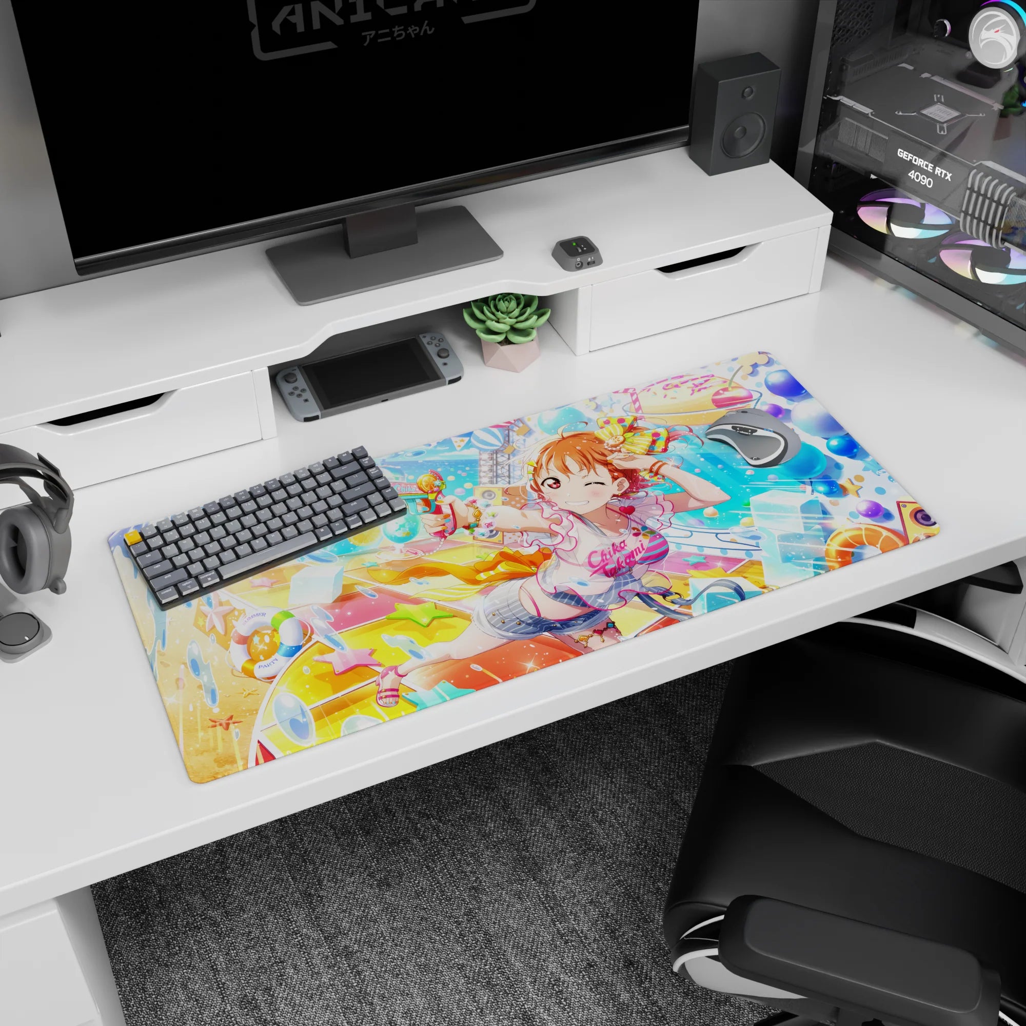 Winking orange-haired anime girl firing a cute water gun on desk pad 36x16 inches, ribbons flying.