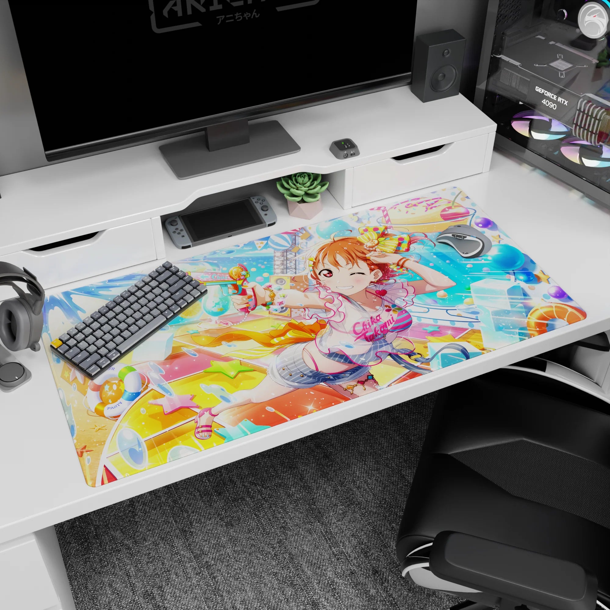 Winking orange-haired anime girl shooting a cute water gun desk pad 40x20 inches, playful pin-up scene.