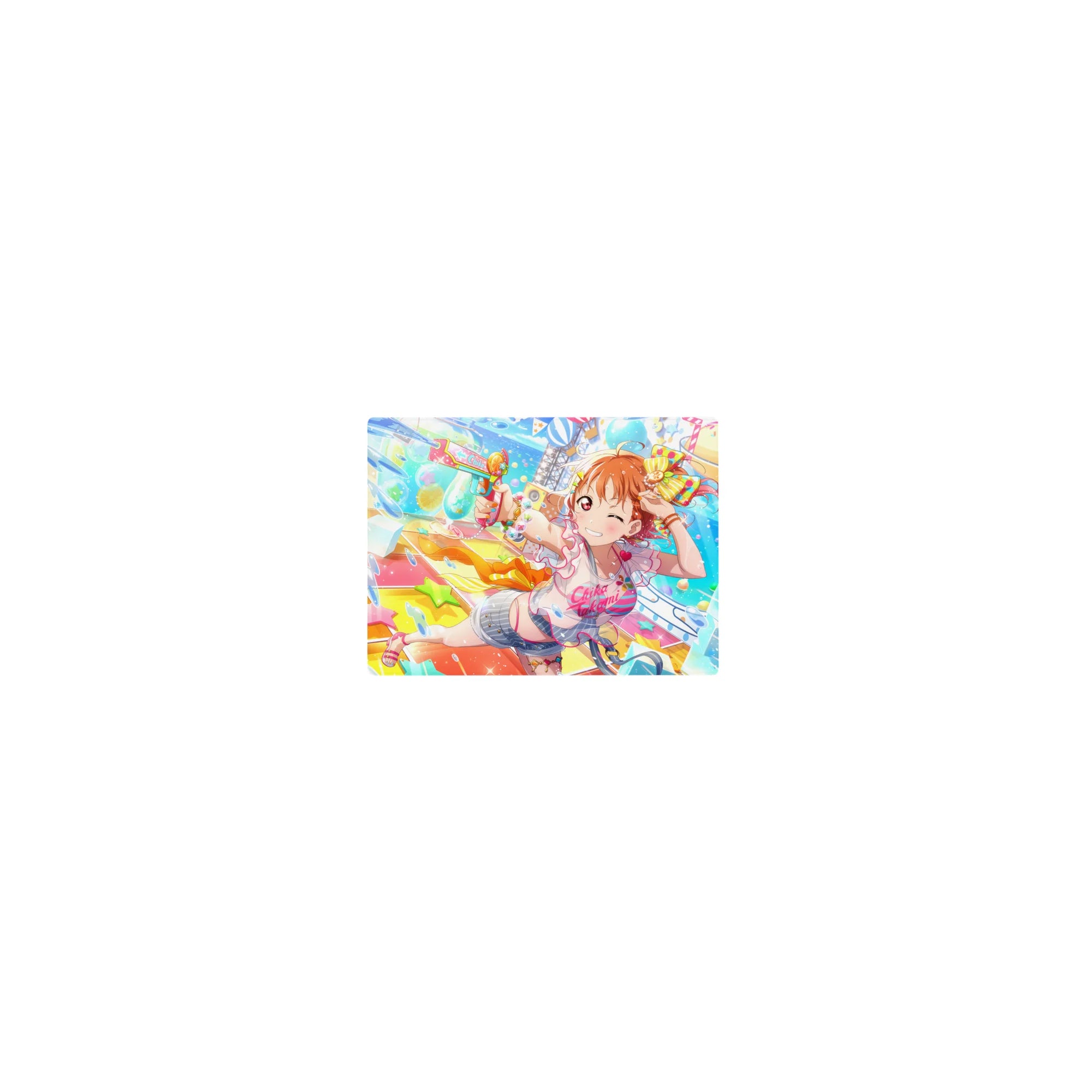 Classic anime girl mouse pad 14x10 inches with winking orange-haired pin-up and water blaster, star splashes.