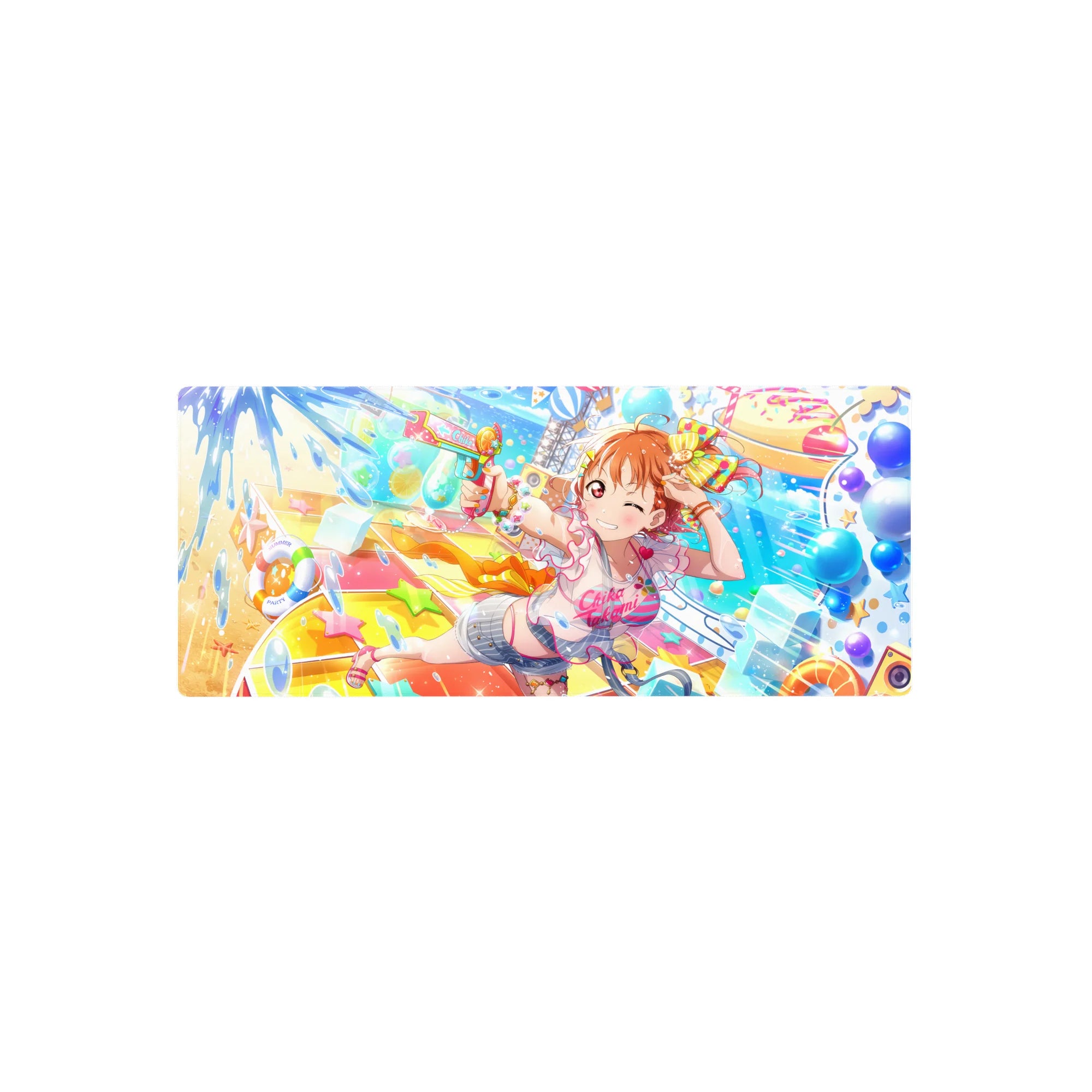 28x12 inches anime girl mouse pad with winking orange-haired pin-up and water blaster, festival splash art.