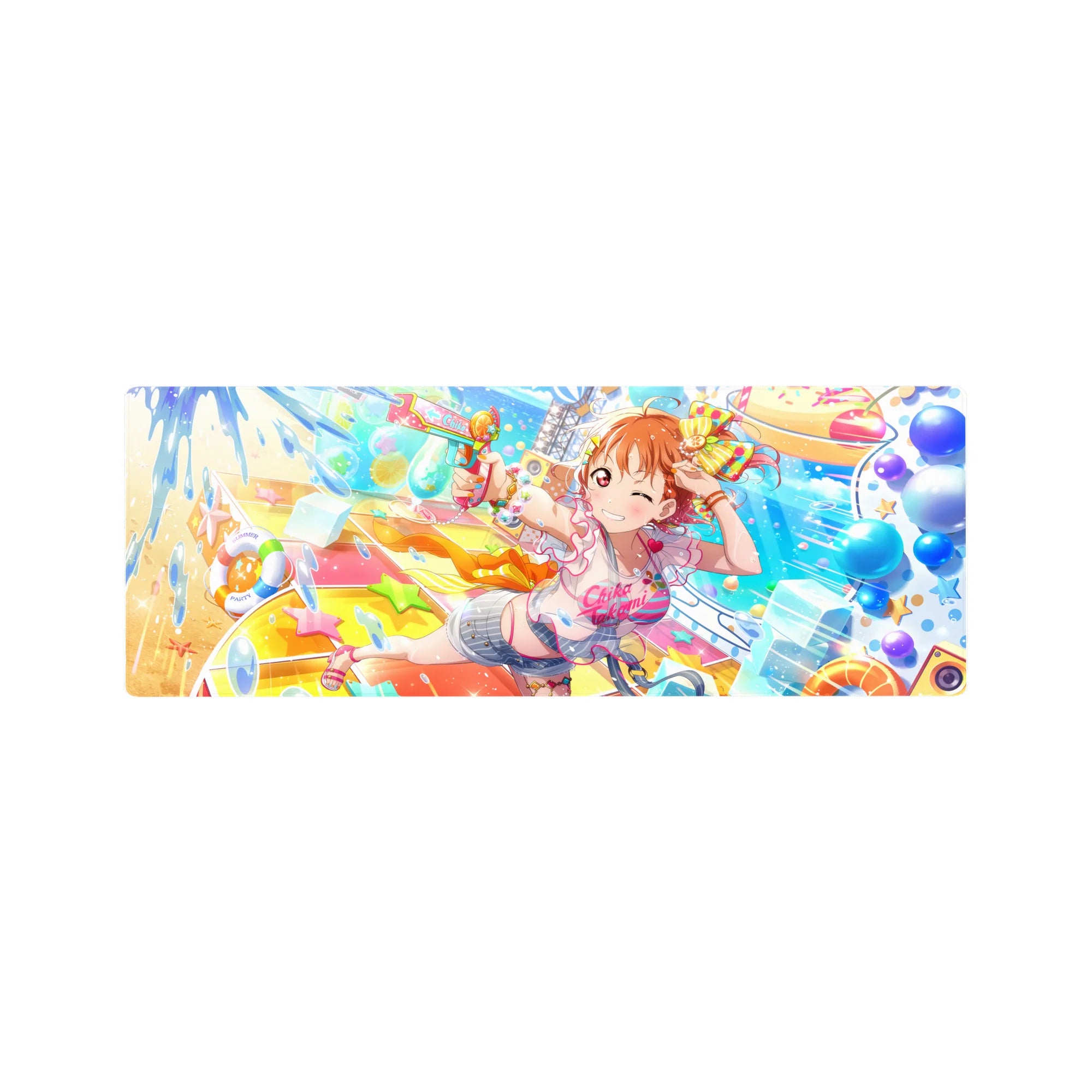 32x12 inches anime girl mouse pad with winking orange-haired girl, water blaster, ribbons, and stars.