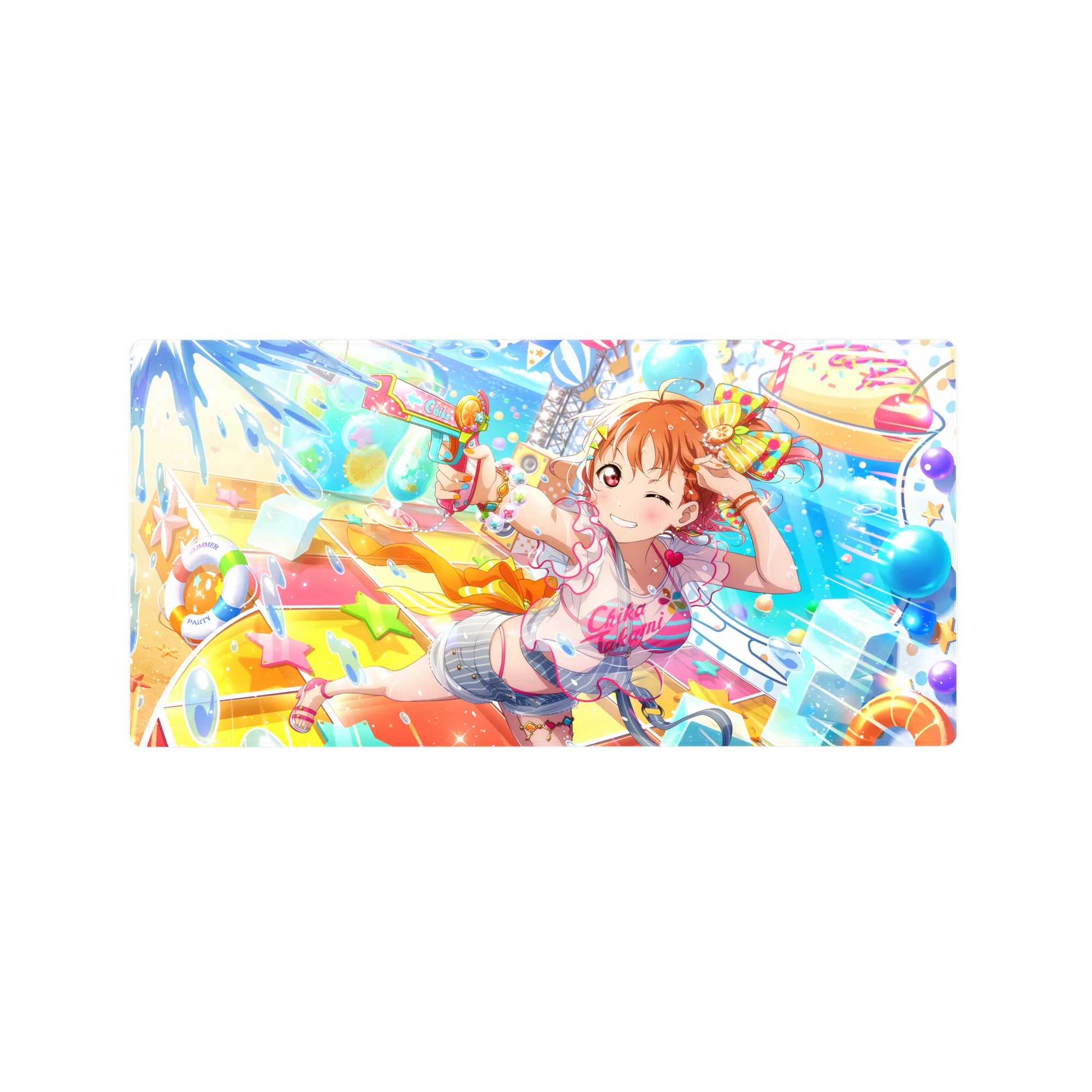 32x16 inches anime girl mouse pad with winking orange-haired girl, water blaster, ribbons, stars, and splashes.