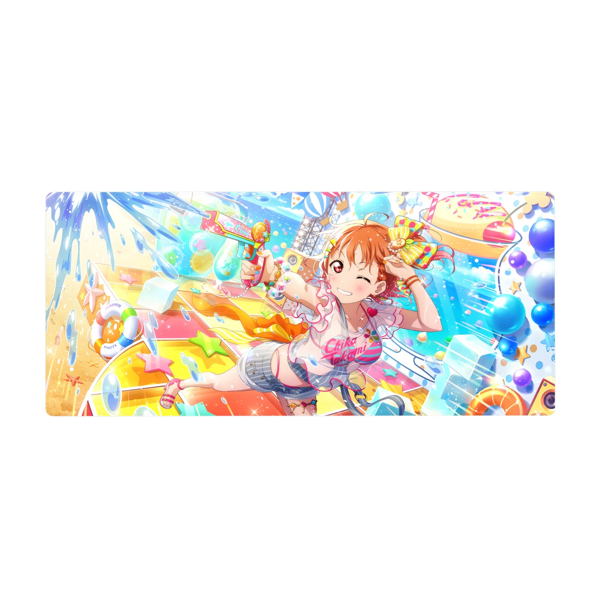 Anime girl desk pad 36x16 inches with winking orange-haired pin-up and water blaster, star splashes.