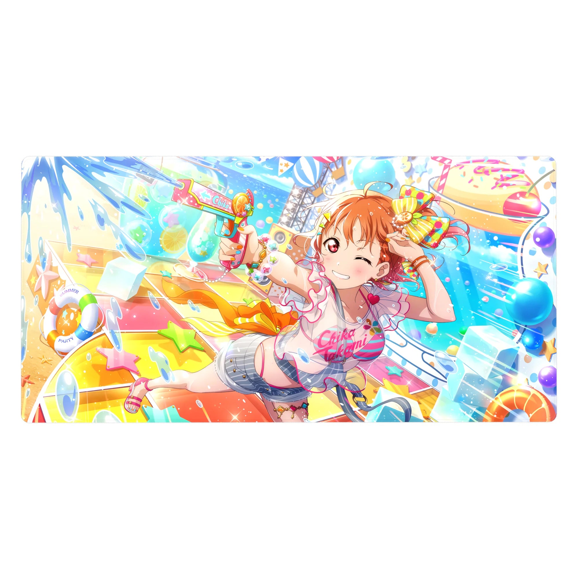 Summer festival anime girl desk pad 40x20 inches with water blaster, ribbons, stars, and candy splashes.