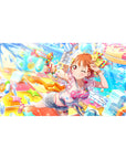 Summer festival anime girl desk pad 40x20 inches with water blaster, ribbons, stars, and candy splashes.