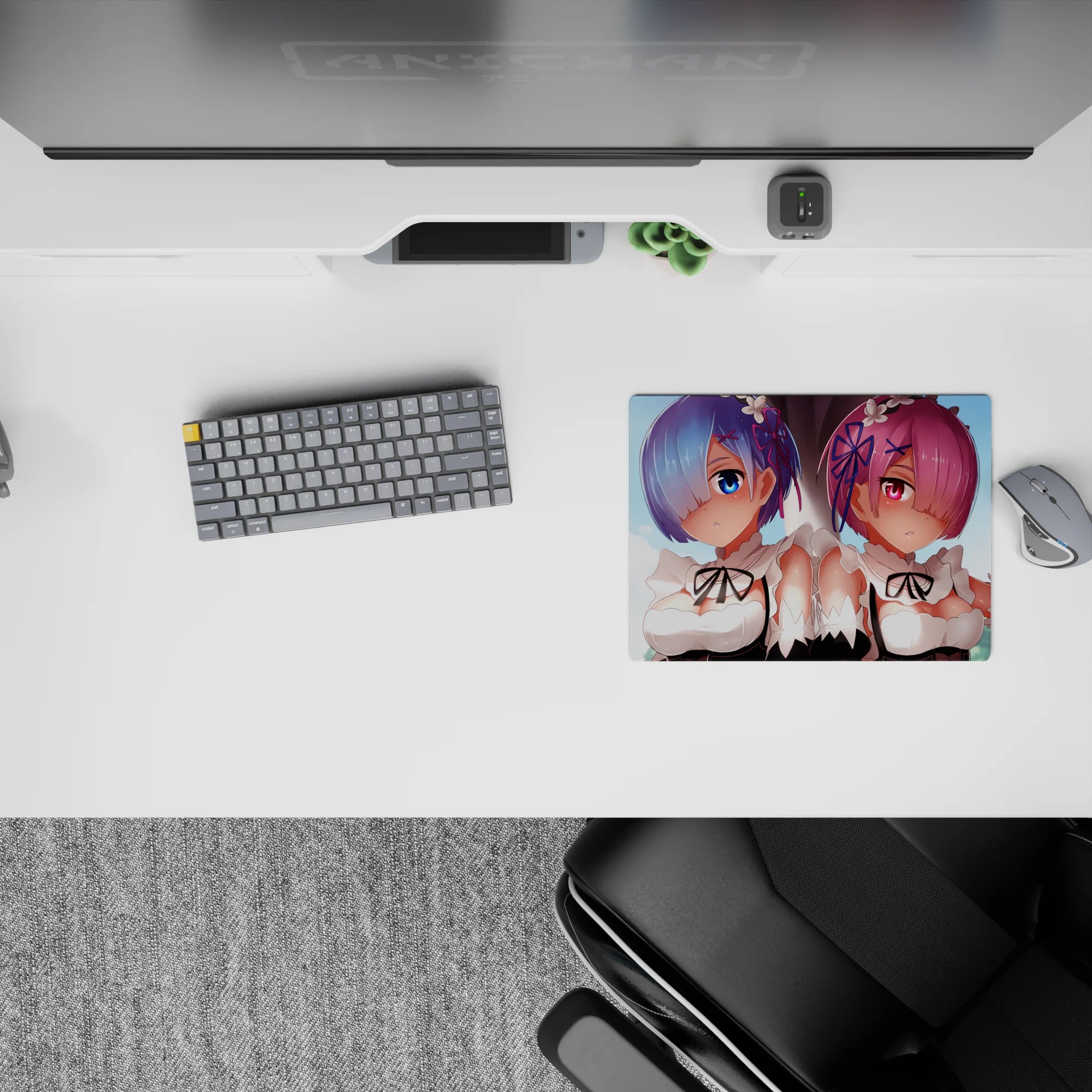 Rem and Ram anime mouse pad, 14x10 inches, featuring soft pastels and crisp lines from Re:Zero for a serene desk setup.