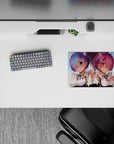 Rem and Ram anime mouse pad, 14x10 inches, featuring soft pastels and crisp lines from Re:Zero for a serene desk setup.