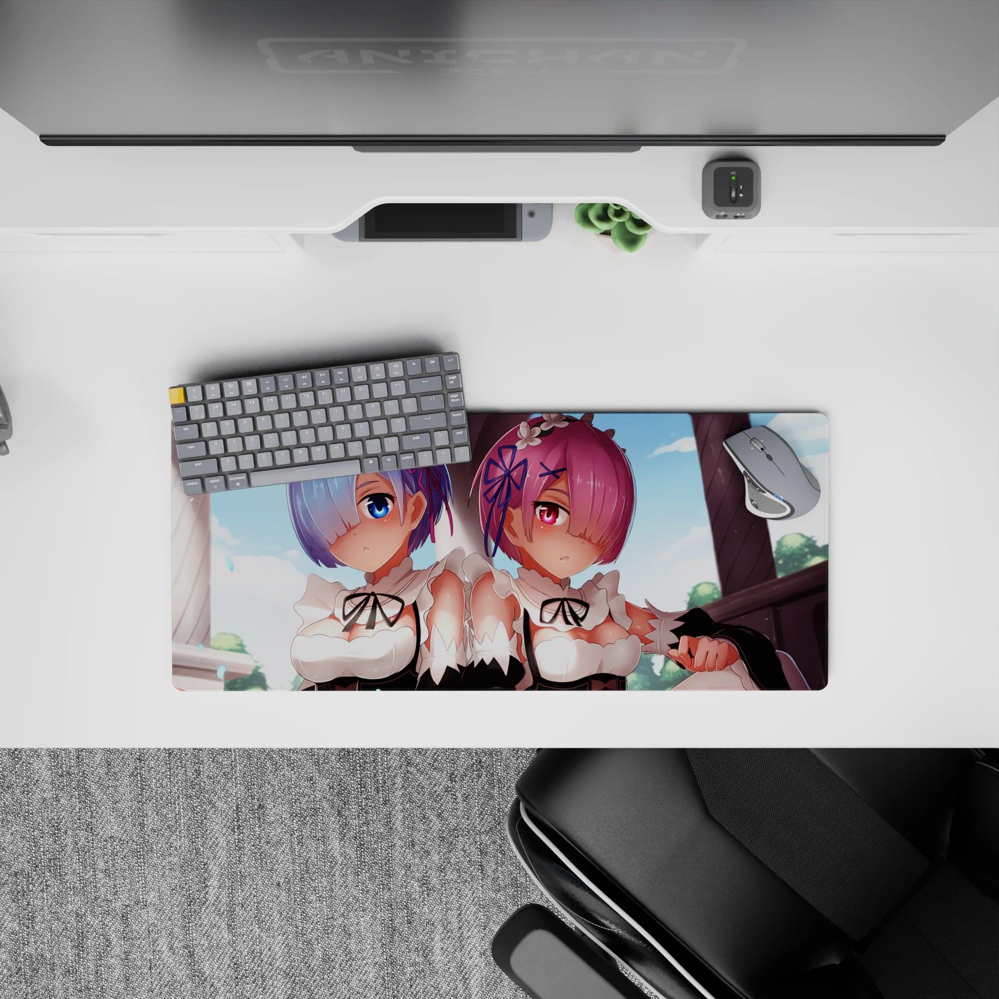 Mouse pad featuring Rem and Ram from Re:Zero, 28x12 inches. Pastel colors and detailed design, perfect for anime fans.