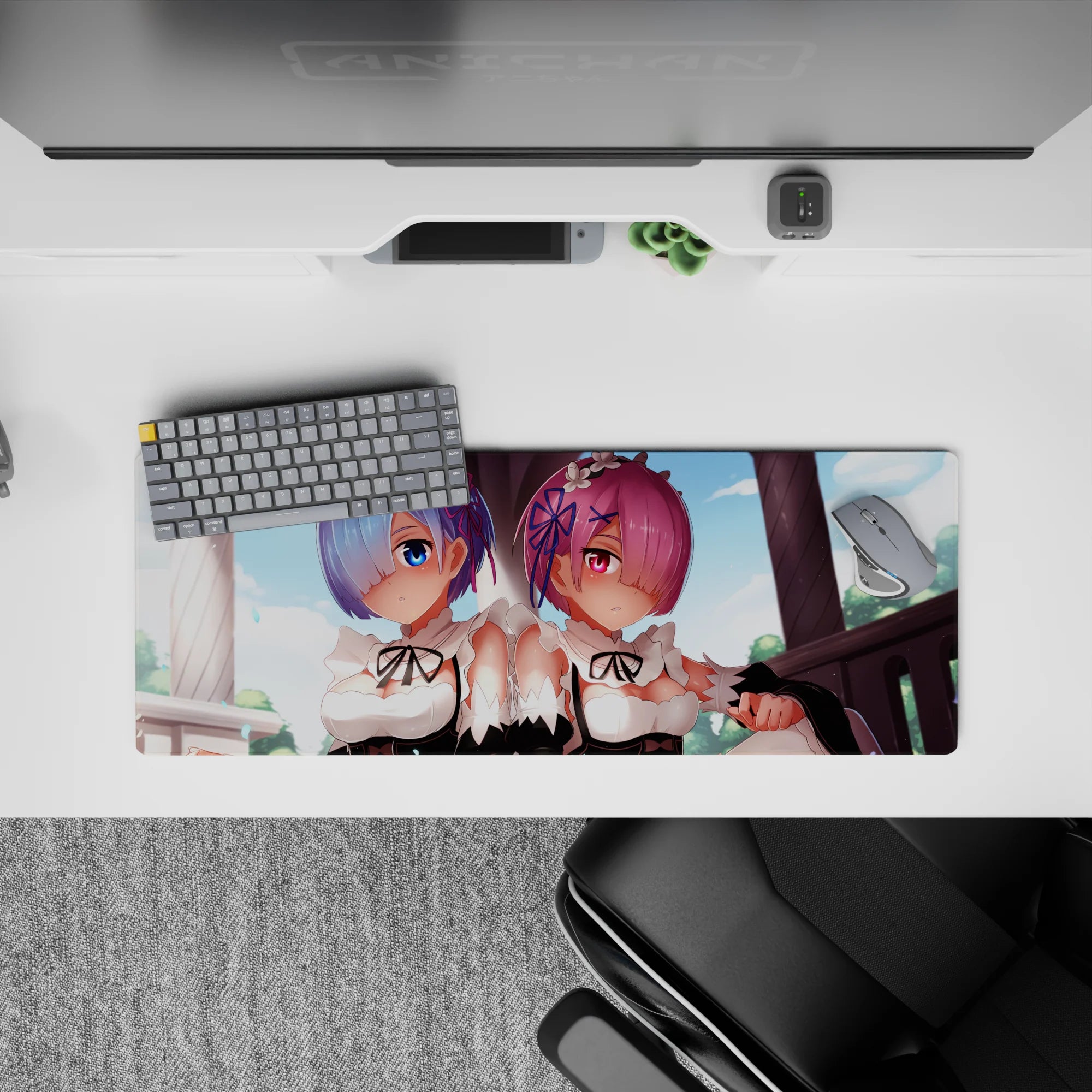 Large 32x12 inch anime mouse pad featuring Rem and Ram from Re:Zero, with pastel colors and detailed, dreamy design.