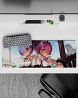 Large 32x12 inch anime mouse pad featuring Rem and Ram from Re:Zero, with pastel colors and detailed, dreamy design.