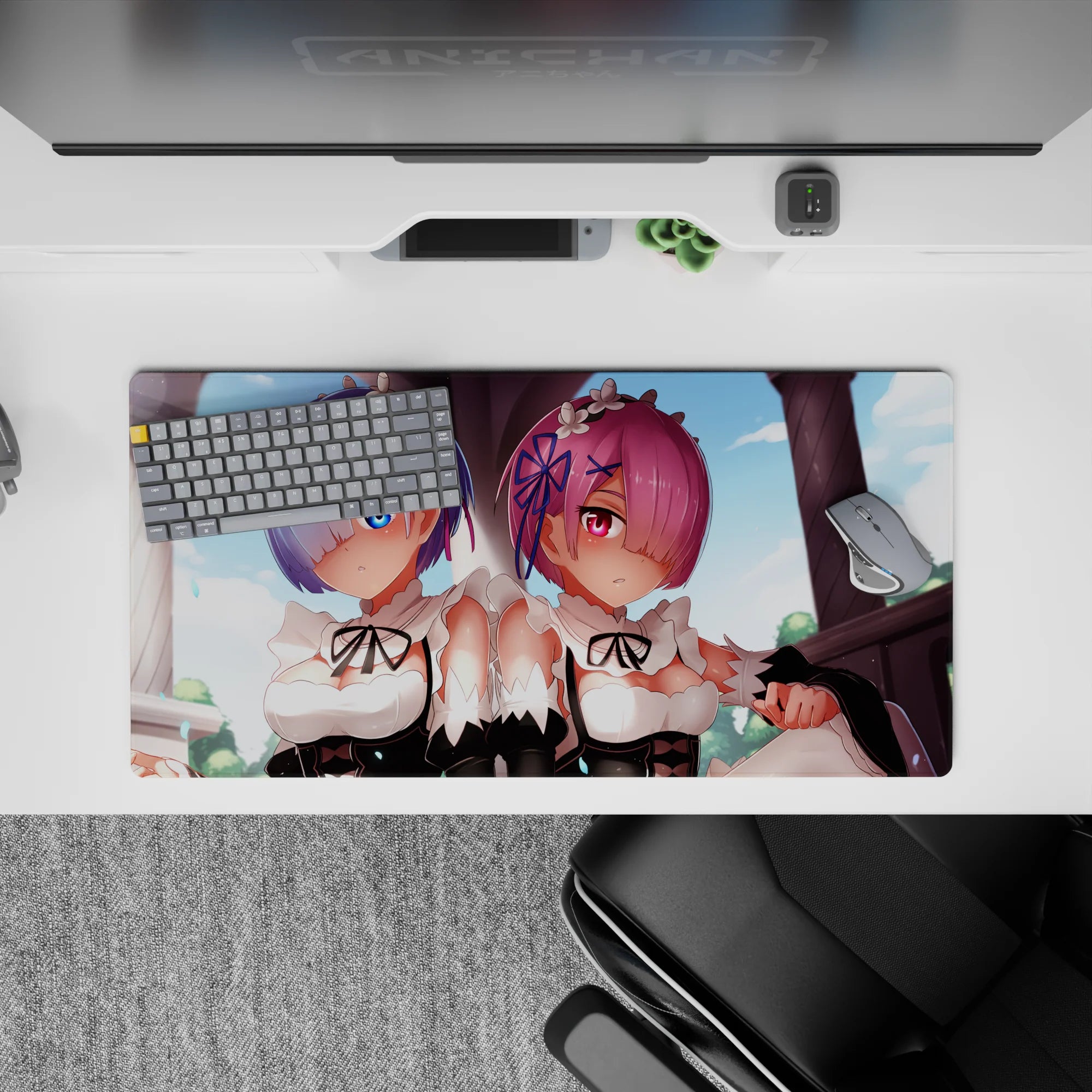 Anime mouse pad 32x16 inches featuring Rem and Ram from Re:Zero in soft pastels; ideal for fans seeking a stylish desk enhancement.