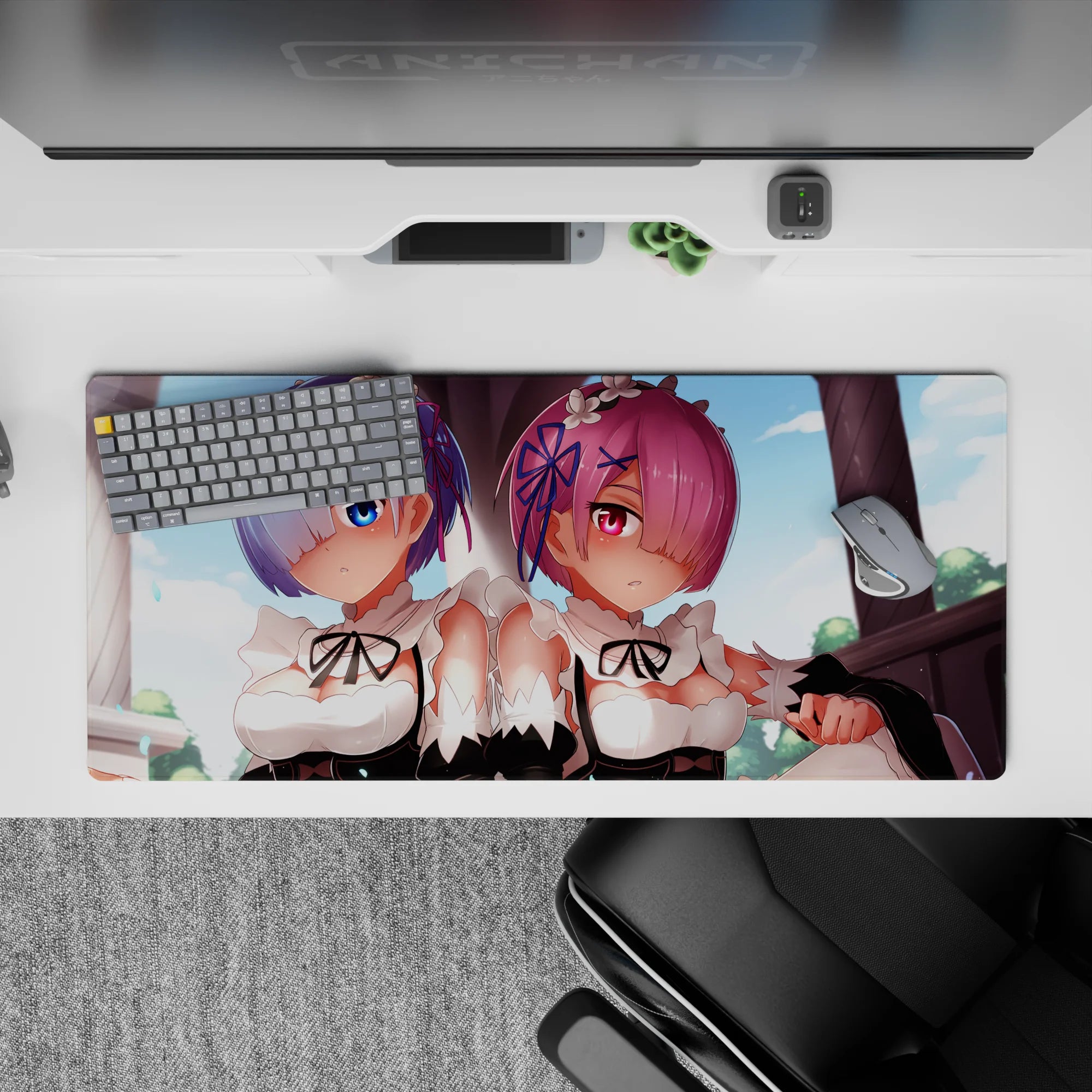 Anime desk pad 36x16 inches featuring Rem and Ram from Re:Zero, with soft pastel colors and a serene fantasy theme.
