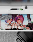 Anime desk pad 36x16 inches featuring Rem and Ram from Re:Zero, with soft pastel colors and a serene fantasy theme.