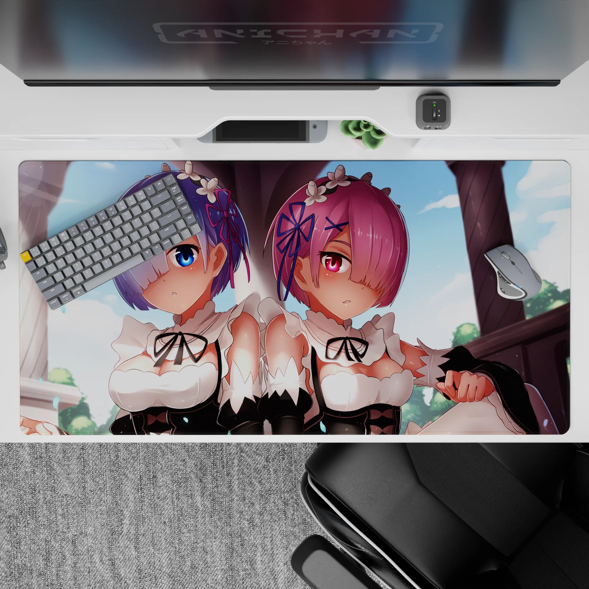 Anime desk pad featuring Rem and Ram from Re:Zero, 40x20 inches, with pastel colors and detailed design for fans.