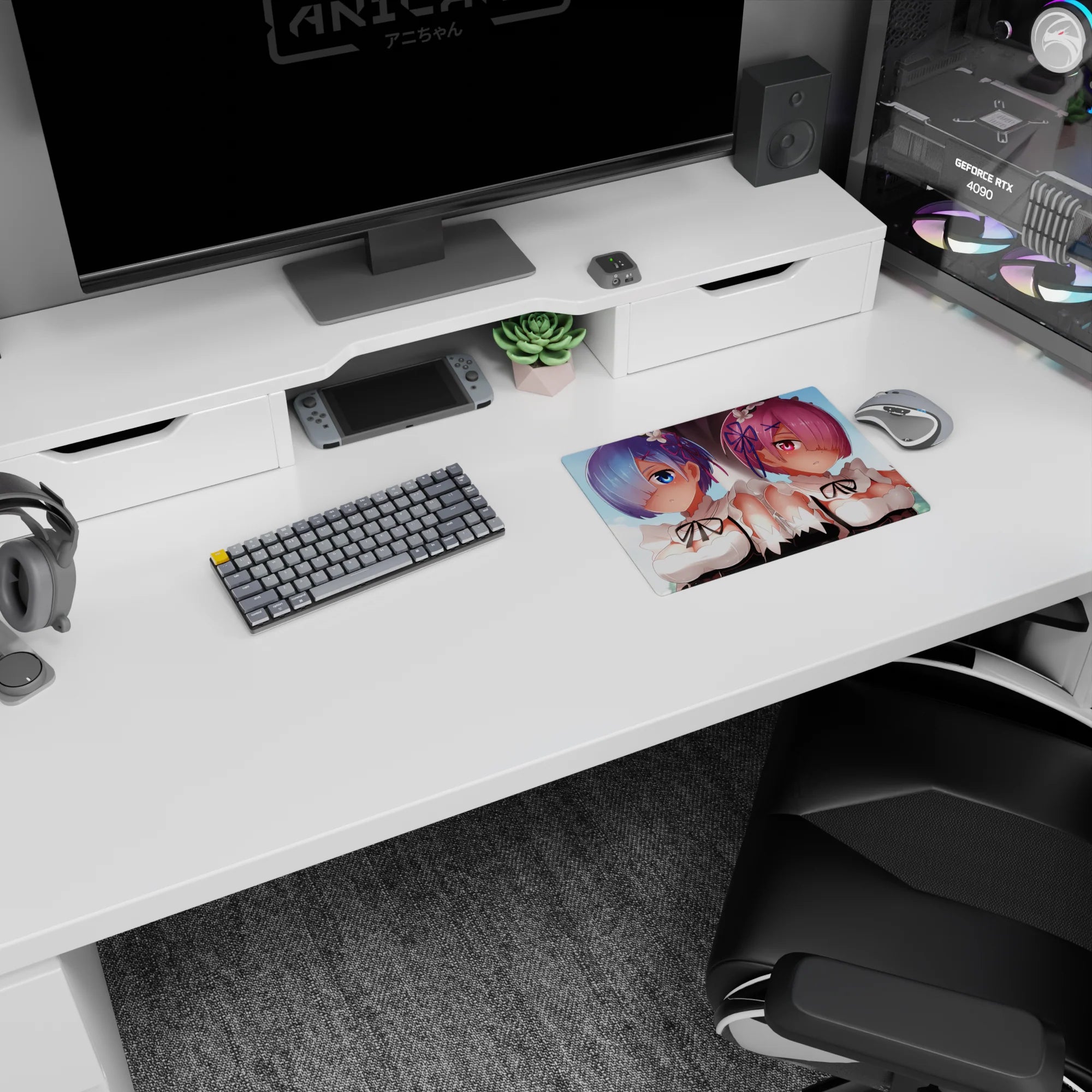 Anime mouse pad featuring Rem and Ram from Re:Zero, sized 14x10 inches, in soft pastels and crisp lines for a serene setup.