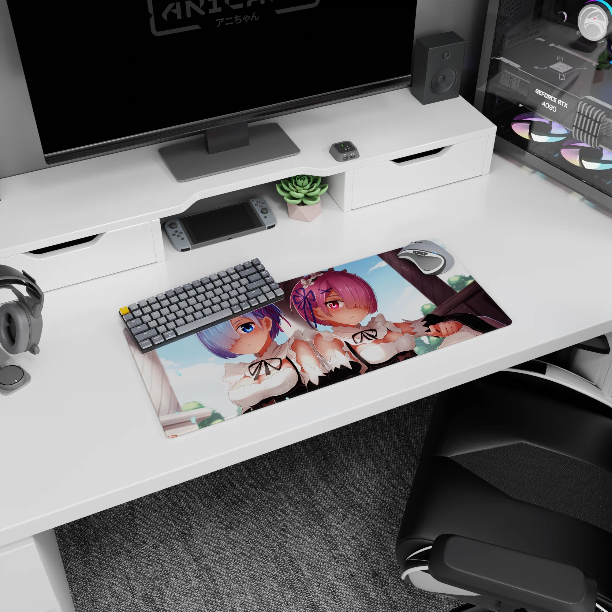 Rem and Ram anime mouse pad from Re:Zero, 28x12 inches. Features pastel colors and detailed art for a serene desk setup.