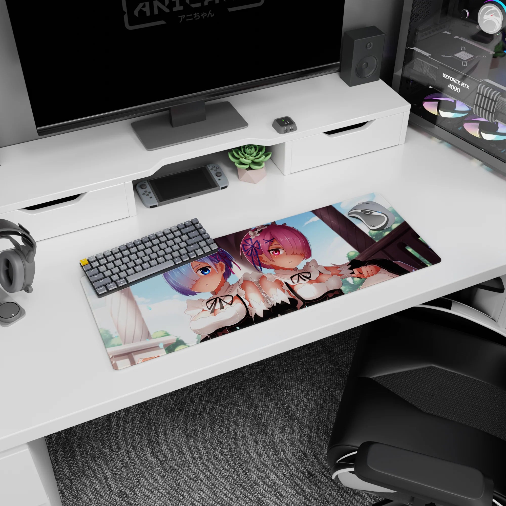 Anime mouse pad 32x12 inches featuring Rem and Ram from Re:Zero, with soft pastels and detailed fantasy design.