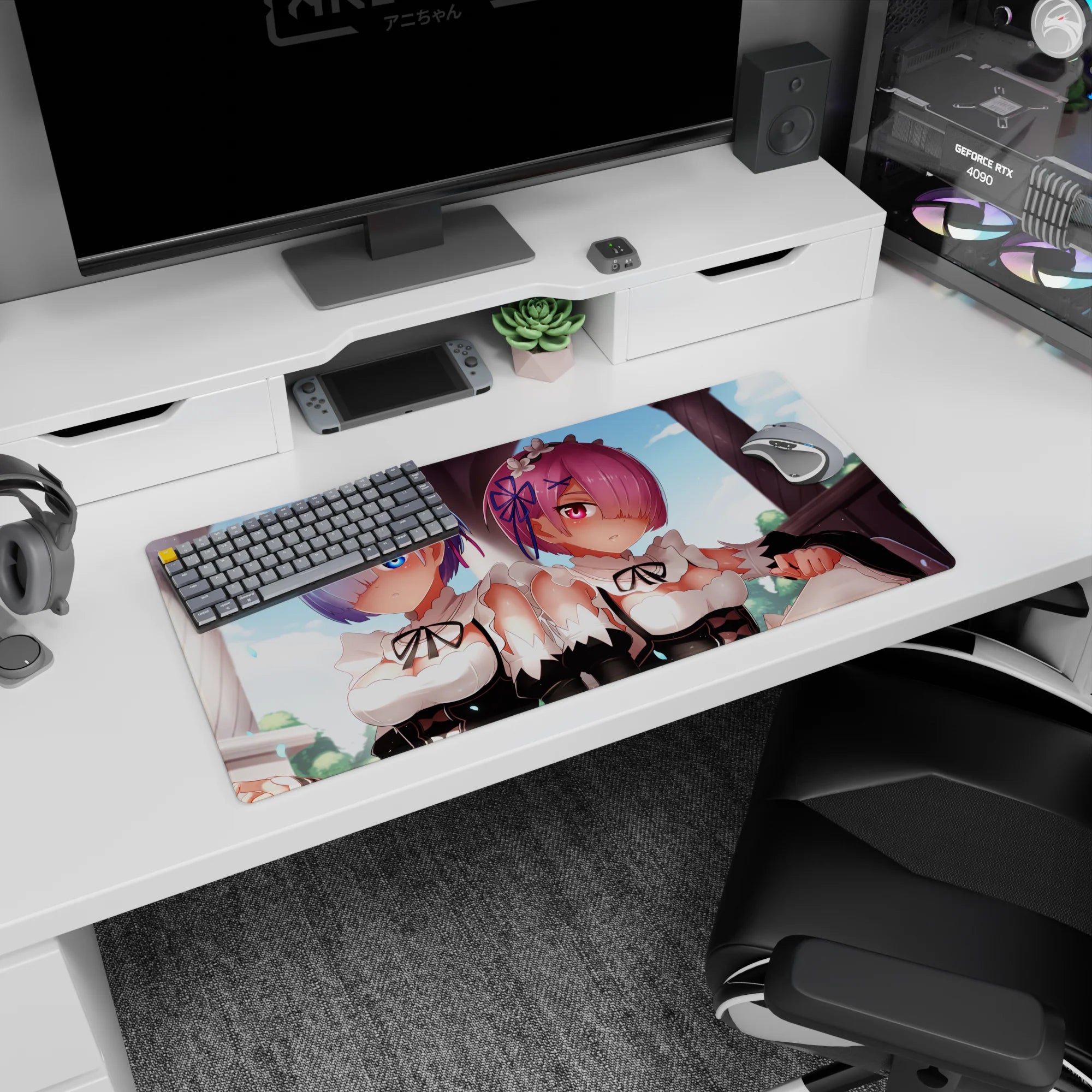 Anime mouse pad 32x16 inches featuring Rem and Ram from Re:Zero. Soft pastels and crisp lines create a serene vibe.