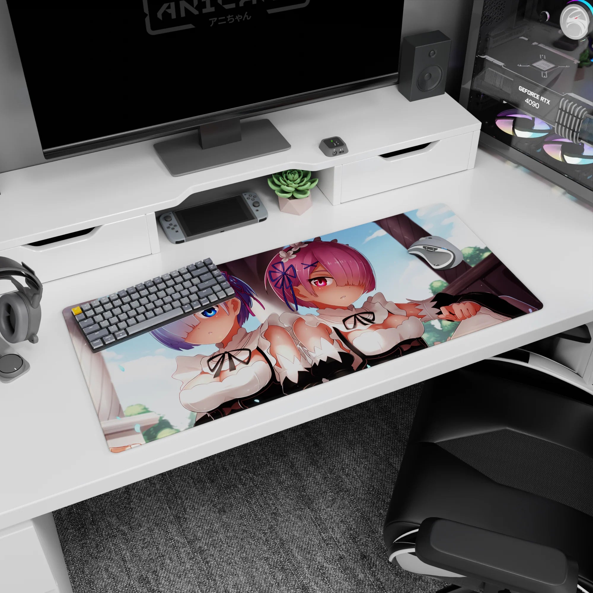 Anime desk pad featuring Rem and Ram from Re:Zero, 36x16 inches; soft pastels and vibrant tones for an inspiring setup.