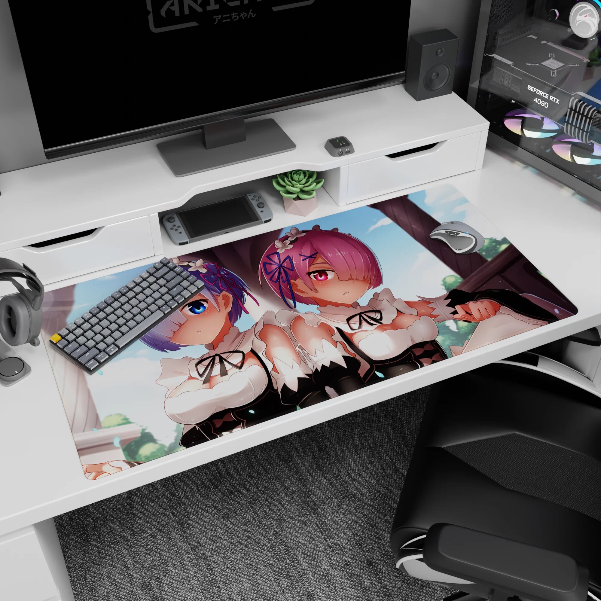 Rem and Ram 40x20 inches anime desk pad from Re:Zero, featuring soft pastels and harmonious blue and rose tones.