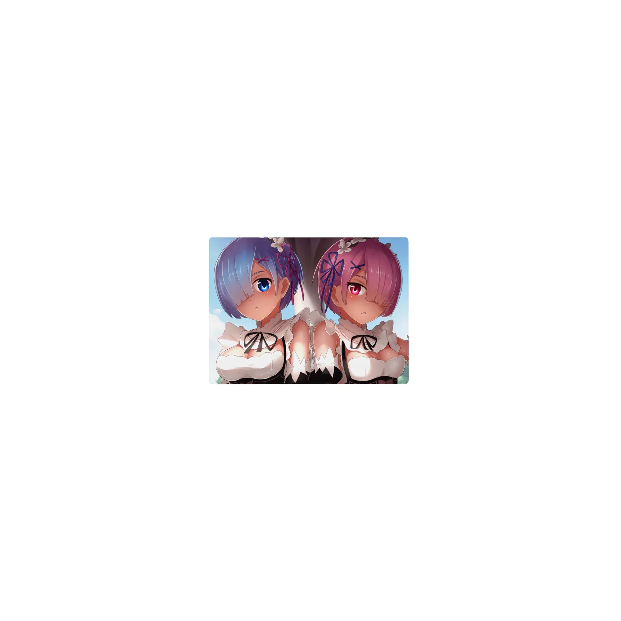 Anime mouse pad 14x10 inches featuring Rem and Ram from Re:Zero, showcasing soft pastels and vibrant blue and rose tones.