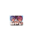 Anime mouse pad 14x10 inches featuring Rem and Ram from Re:Zero, showcasing soft pastels and vibrant blue and rose tones.