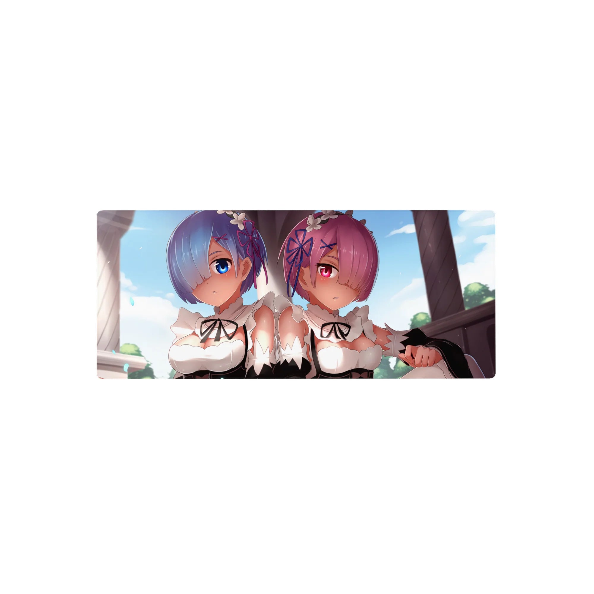 Rem and Ram anime mouse pad, 28x12 inches, features soft pastels and crisp lines from Re:Zero, perfect for a serene desk.