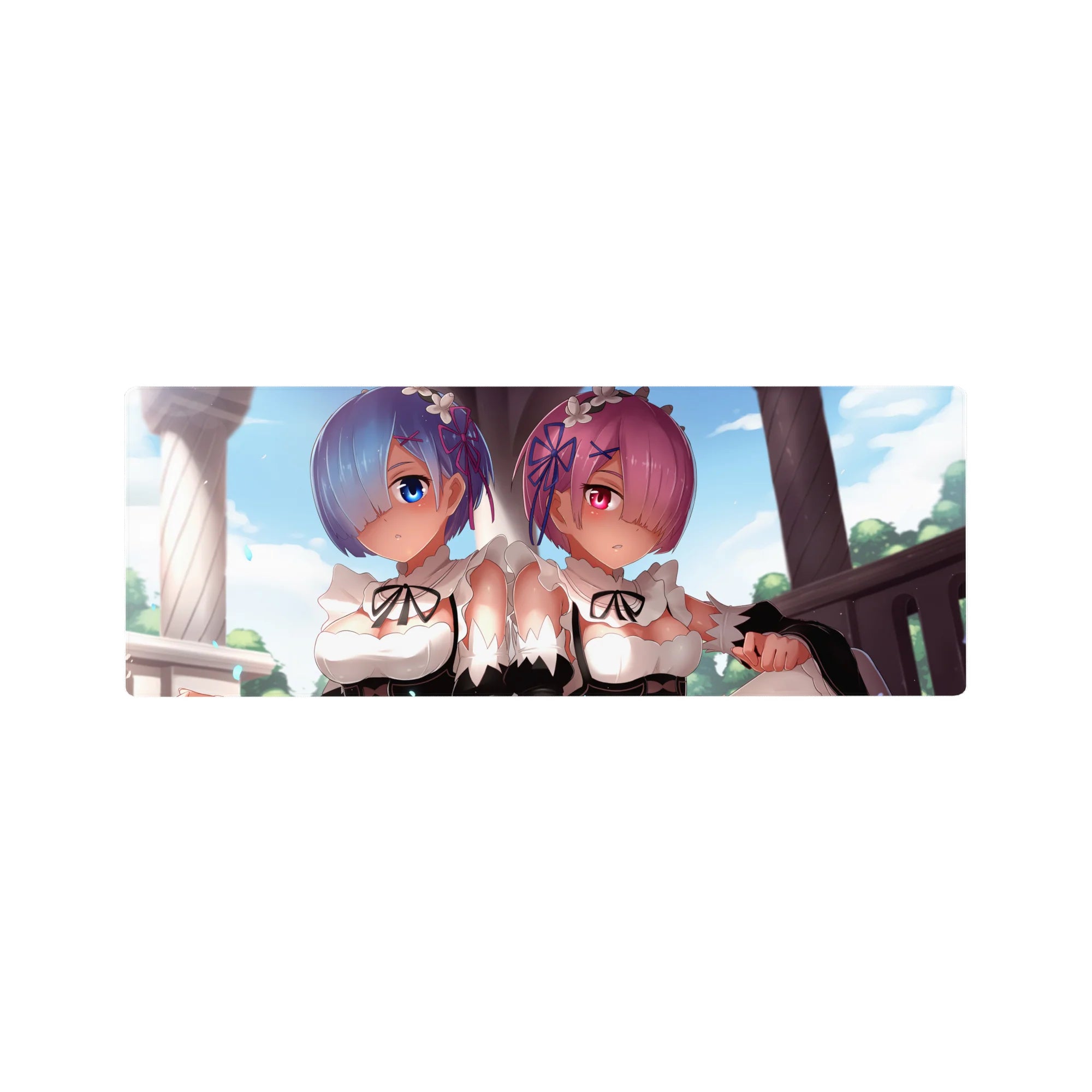 Anime mouse pad 32x12 inches featuring Rem and Ram from Re:Zero, soft pastels with blue and rose tones, elegant and serene.