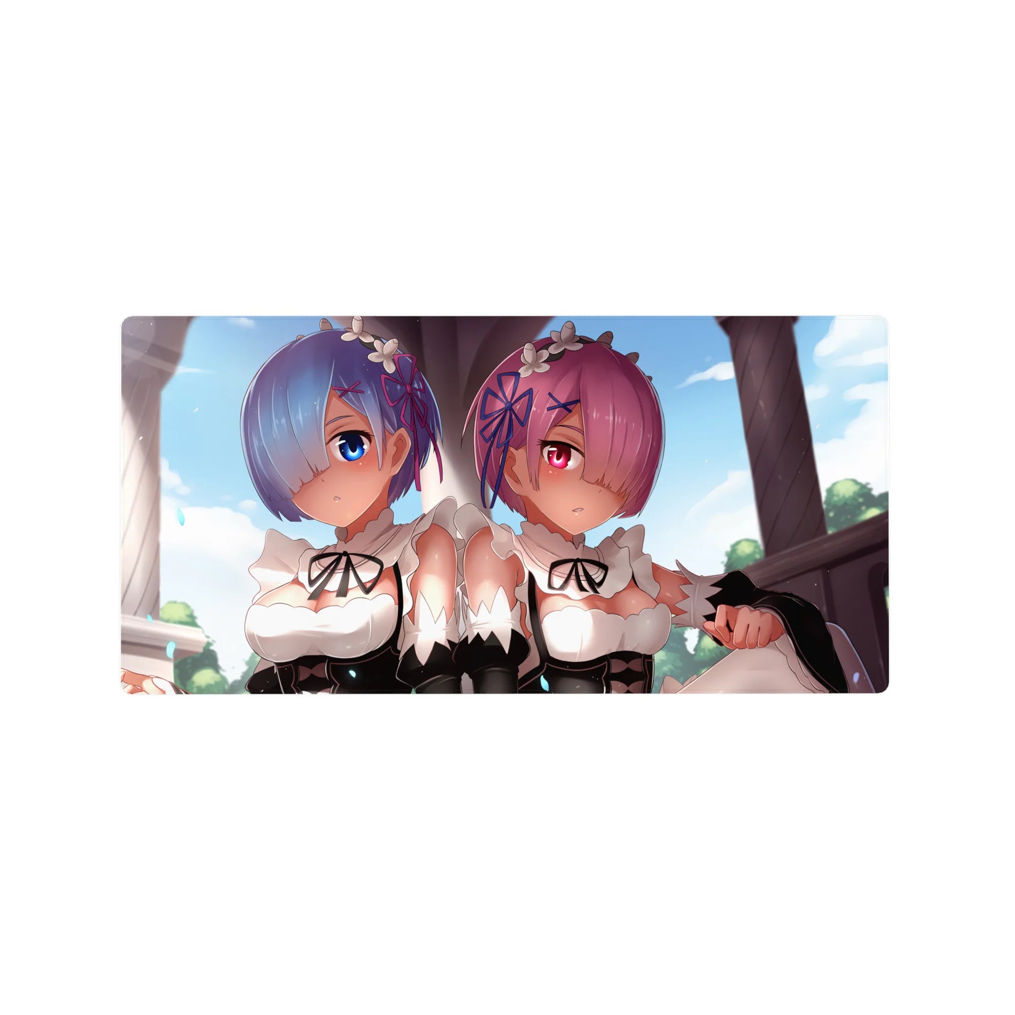 Anime mouse pad 32x16 inches featuring Rem and Ram from Re:Zero. Soft pastels, blue and rose tones, ideal desk decor.