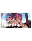Anime mouse pad 32x16 inches featuring Rem and Ram from Re:Zero. Soft pastels, blue and rose tones, ideal desk decor.