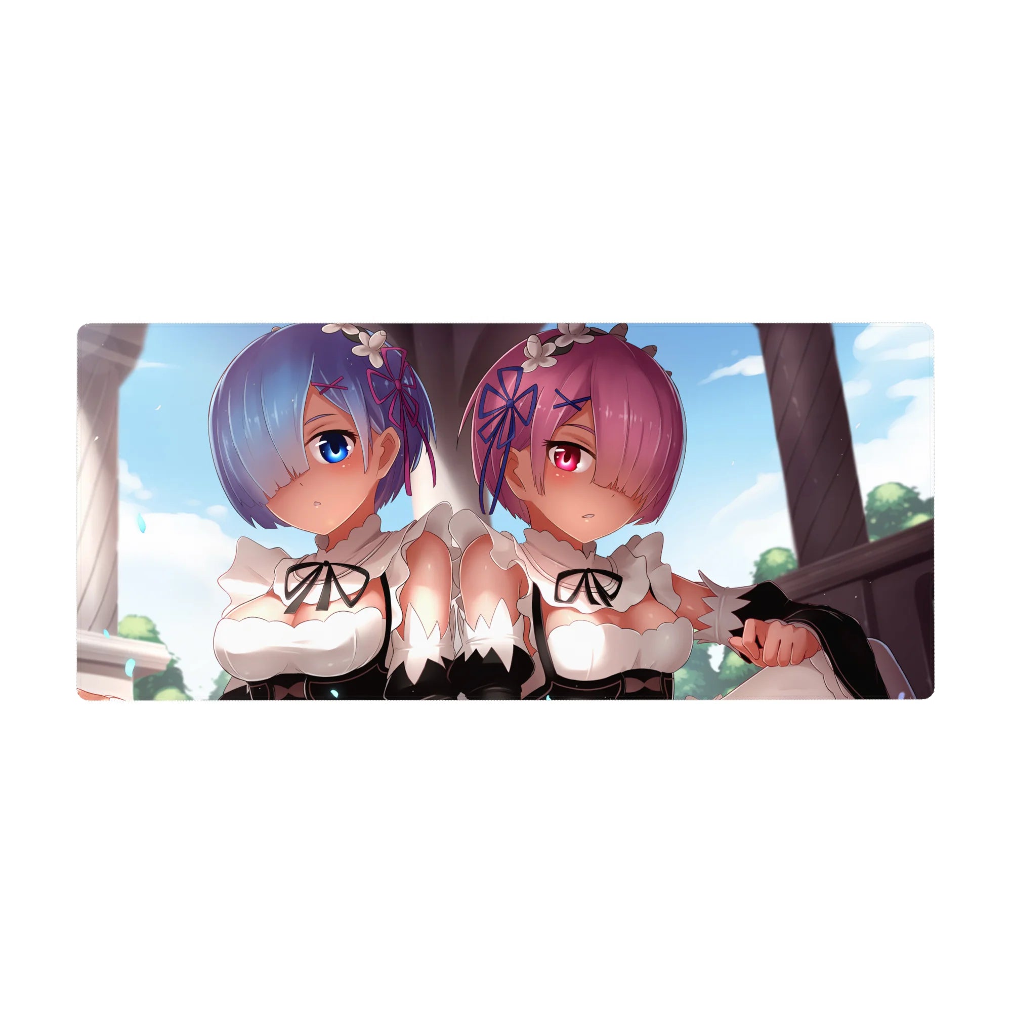 Anime desk pad featuring Rem and Ram from Re:Zero, sized 36x16 inches, with soft pastels and harmonious tones.
