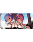 Anime desk pad featuring Rem and Ram from Re:Zero, sized 36x16 inches, with soft pastels and harmonious tones.