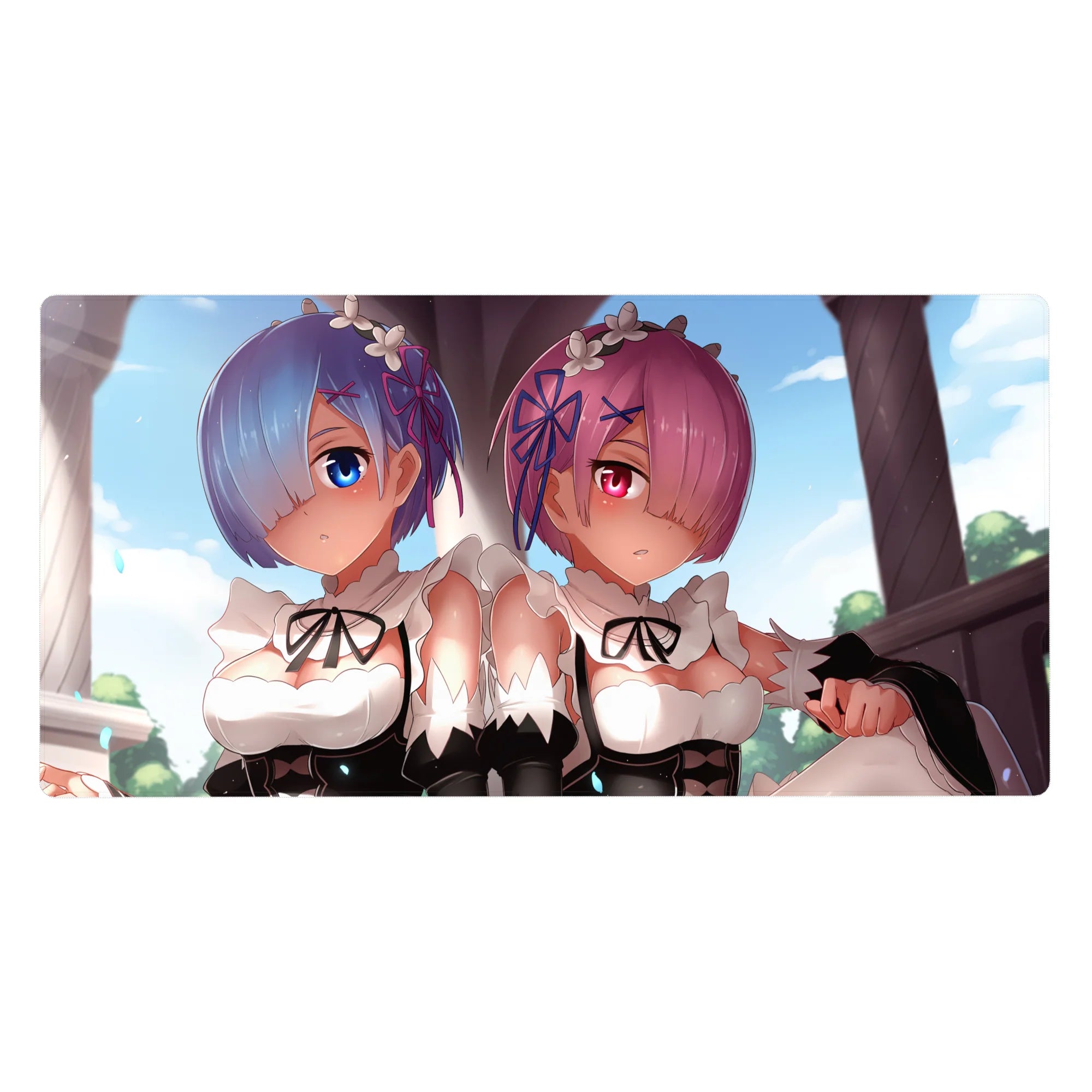 Rem and Ram anime desk pad 40x20 inches, features Re:Zero characters in soft pastels, perfect for anime fans.