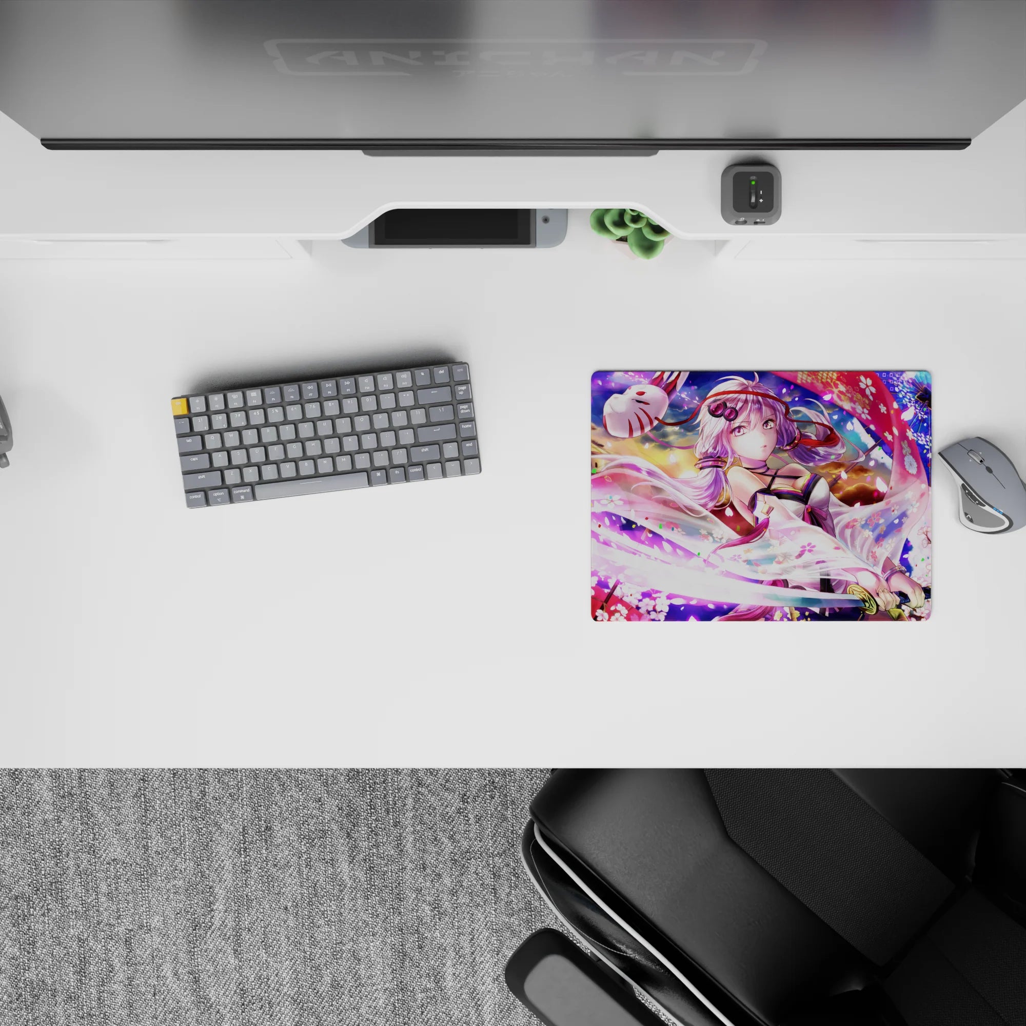 Neon pink and violet festival anime mouse pad 14x10 inches with soft sakura swirl and cozy vibe.