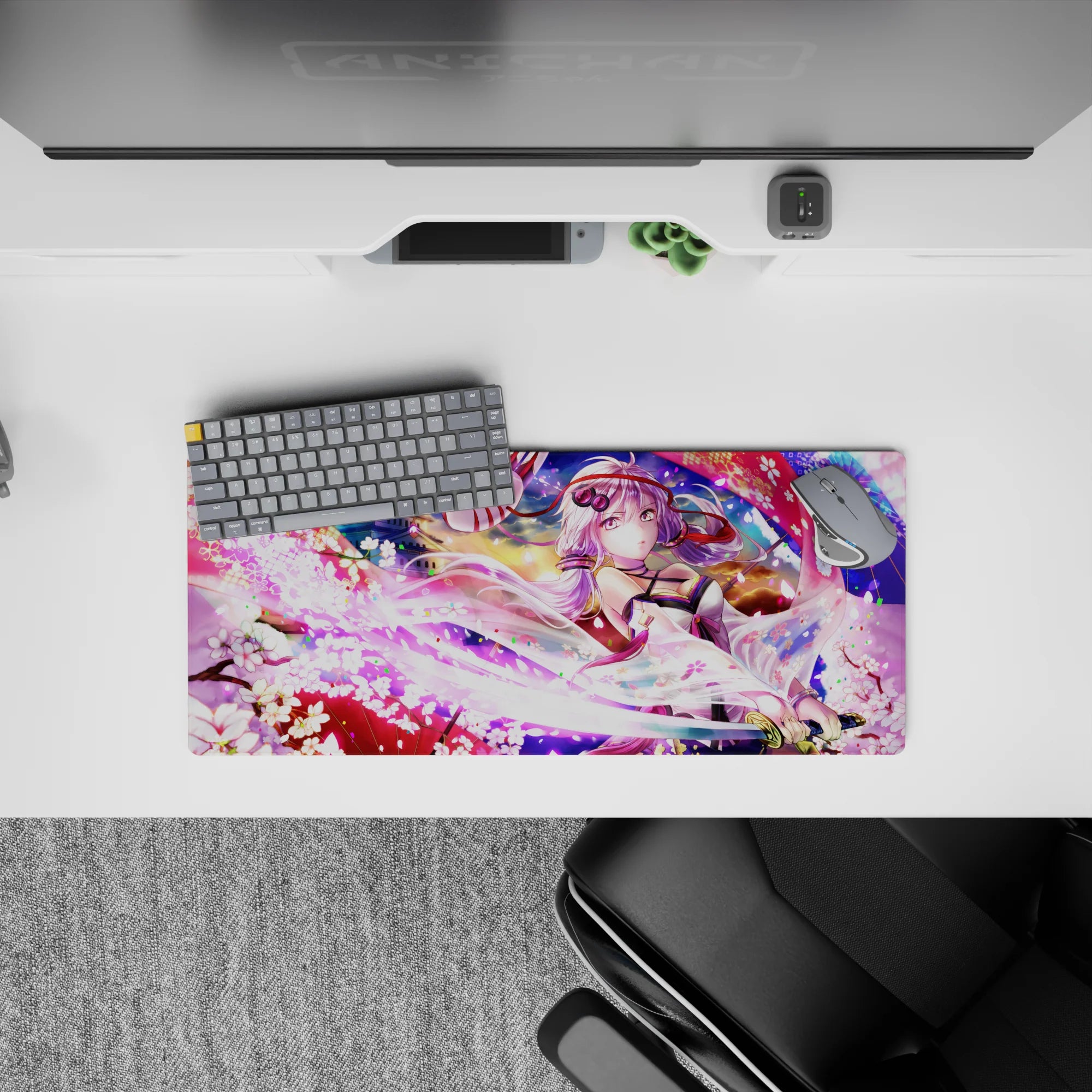 28x12 inches anime mouse pad in neon pink and soft violet, dreamy festival glow with swirling petals.