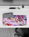 28x12 inches anime mouse pad in neon pink and soft violet, dreamy festival glow with swirling petals.