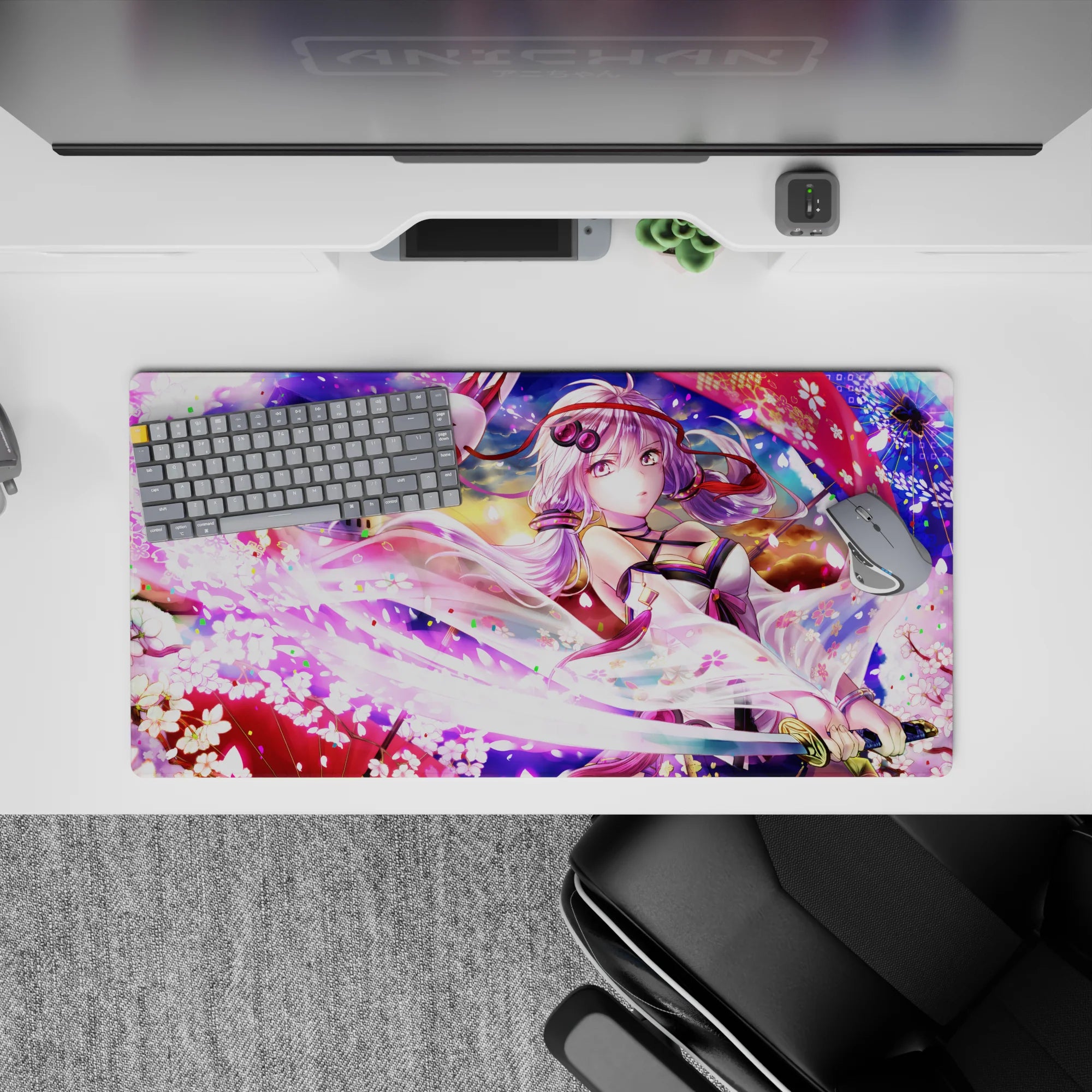 32x16 inches anime girl mouse pad in neon pink and soft violet glow, bright festival mood with petals.