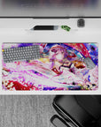 32x16 inches anime girl mouse pad in neon pink and soft violet glow, bright festival mood with petals.