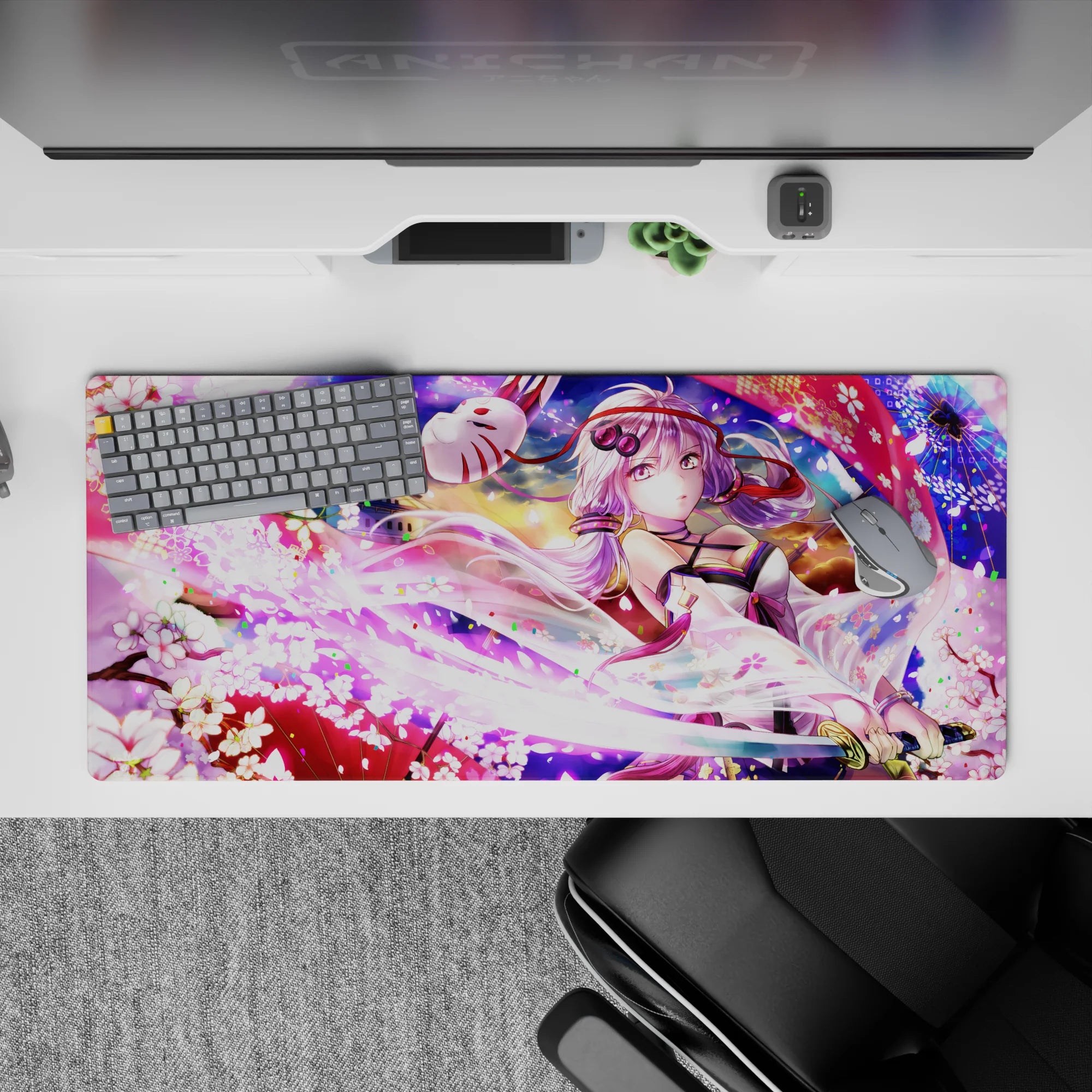 36x16 inches anime desk pad in neon pinks and soft violets, dreamy festival vibe with bright sakura.