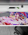 36x16 inches anime desk pad in neon pinks and soft violets, dreamy festival vibe with bright sakura.