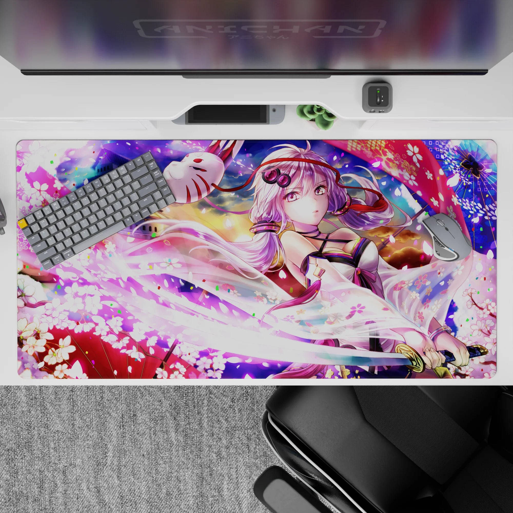 Neon pink and soft violet anime desk pad 40x20 inches, festival vibe with swirling cherry blossoms.