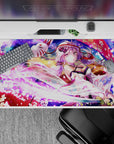 Neon pink and soft violet anime desk pad 40x20 inches, festival vibe with swirling cherry blossoms.